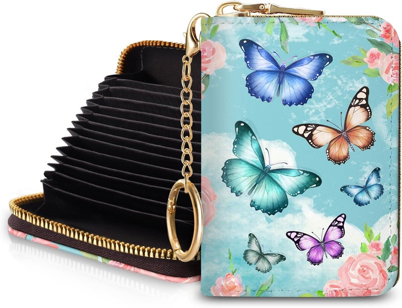 Blusabaca RFID Credit Card Holder Wallets for Women, Small Card Case Wallet with Keychain and Zipper, Butterfly Leather Card Holder Pocket Business Card Accordion Wallet - Image 1